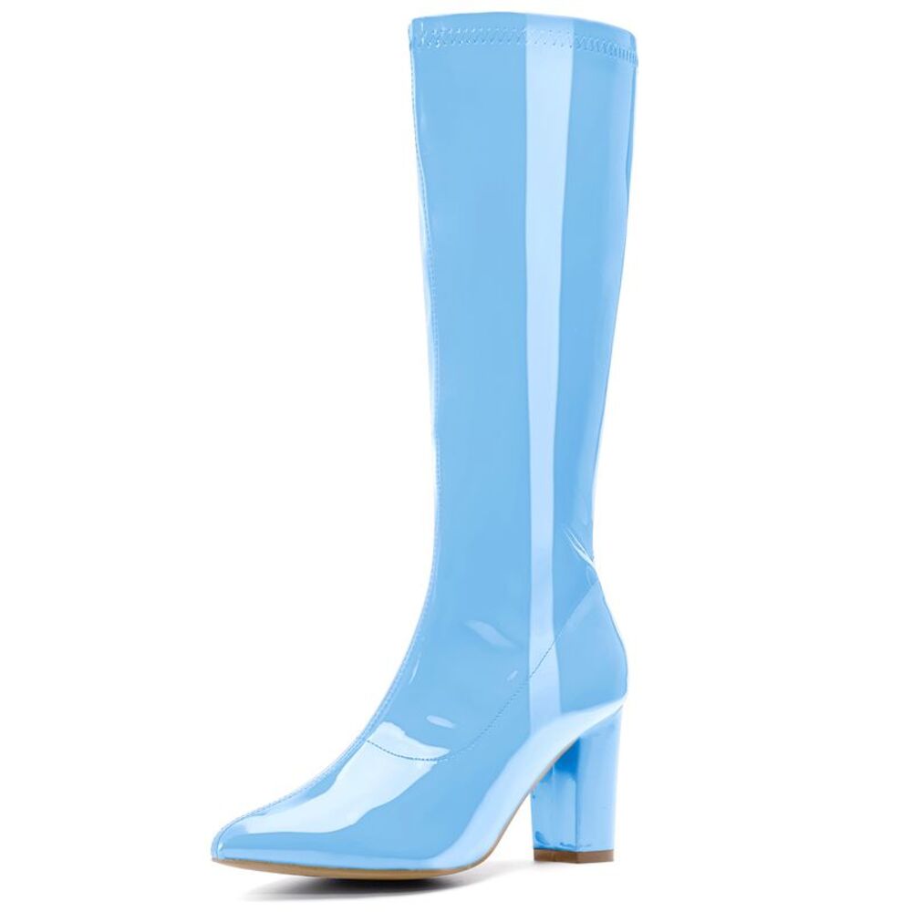 GoGo Boot Patent Leather Chunky Heels Knee High Boots Sky Blue